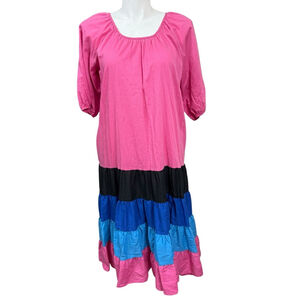 Vintage It's a Charm Maxi Dress Size M Pink Black Blue Tiered Color Block